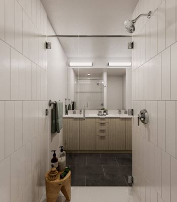 Walk-in shower with tile surrounds